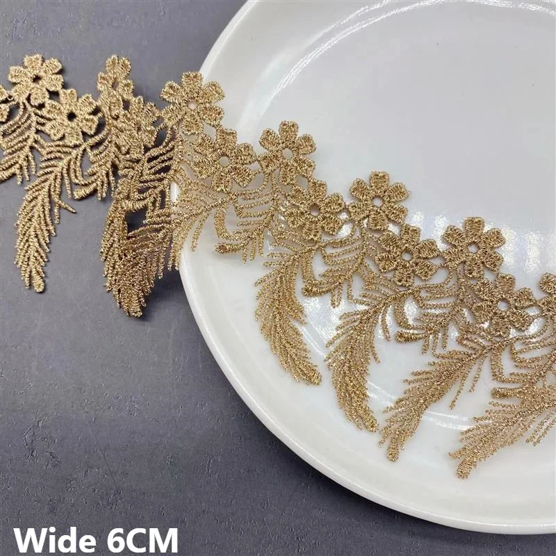 6CM Wide Luxury Glitter Golden Tassel Cotton Lace Fabirc 3d Flowers Embroidered Fringe Trim Skirts Cloth DIY Sewing Accessories