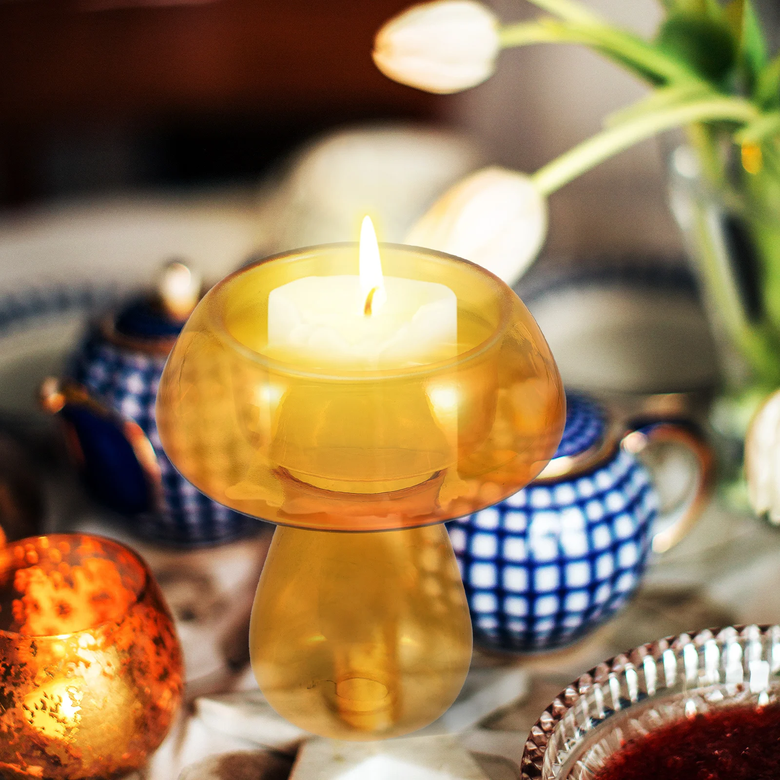 

Unique Mushroom Shaped Candlestick Glass Holder for Table Decor Romantic Easy to Carry and Use Polished Surface