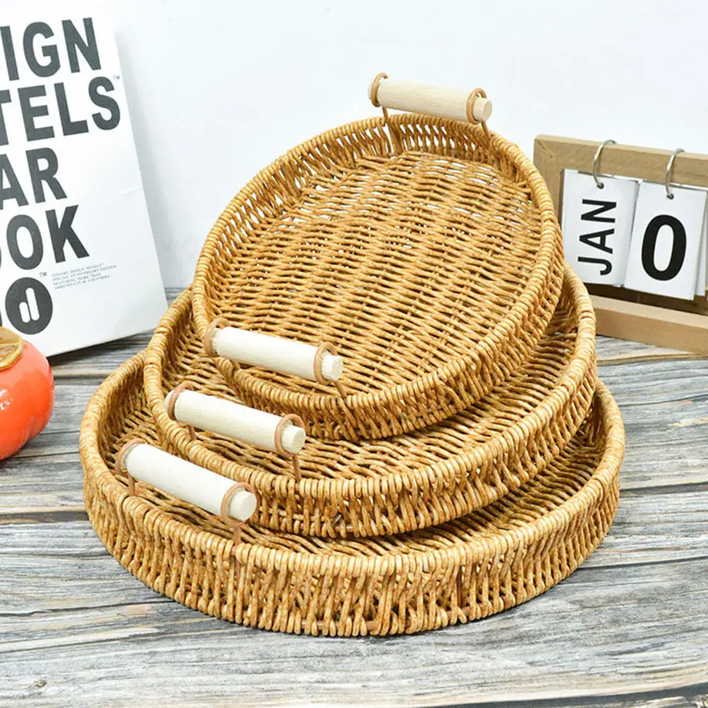 

Multi Functional Woven Storage Basket Imitation Rattan Fruit Serving Basket Kitchen Tabletop Bread Holder Home Decor Natural
