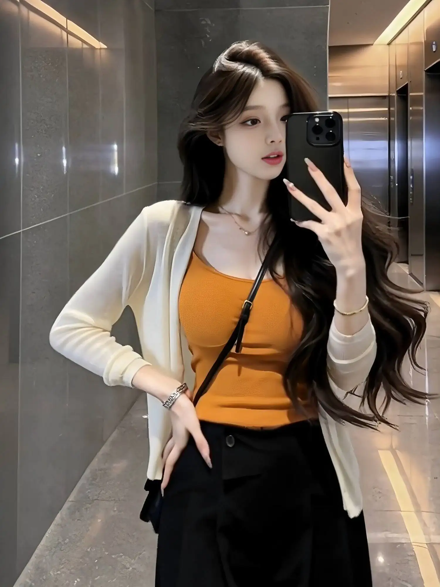 Orange Knitted Knit Tank Top And Cardigan Two-Piece Set Women's Spring Summer Fashion High-Quality Sensation Leisure Workwear