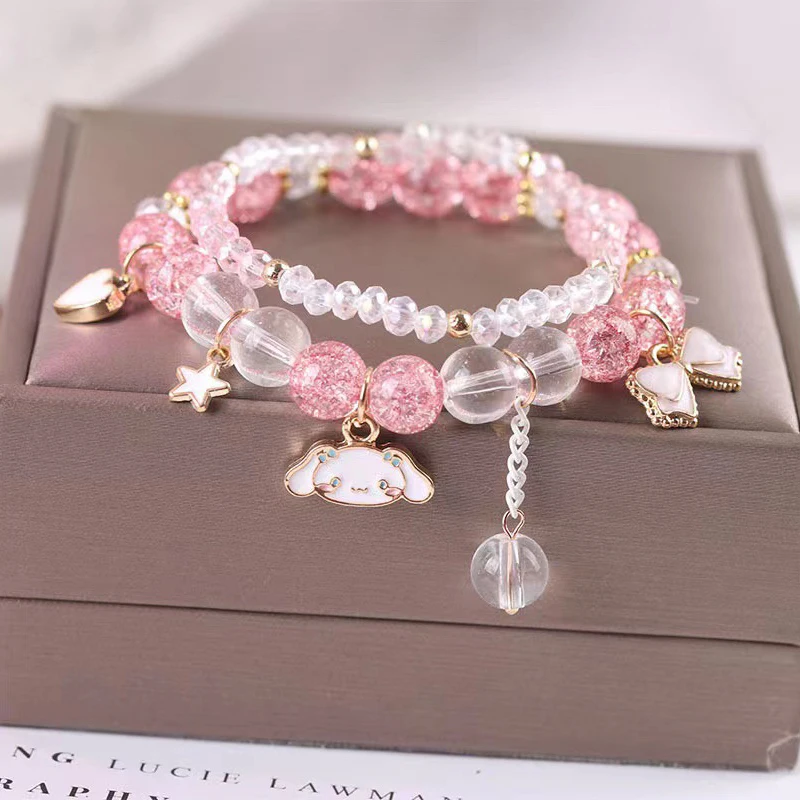 Sanrio Anime Summer Clear Jade Osmanthus Dog Bracelet Lovely Sweet Girl Student Crystal Bead Chain Animation Derivatives Gift