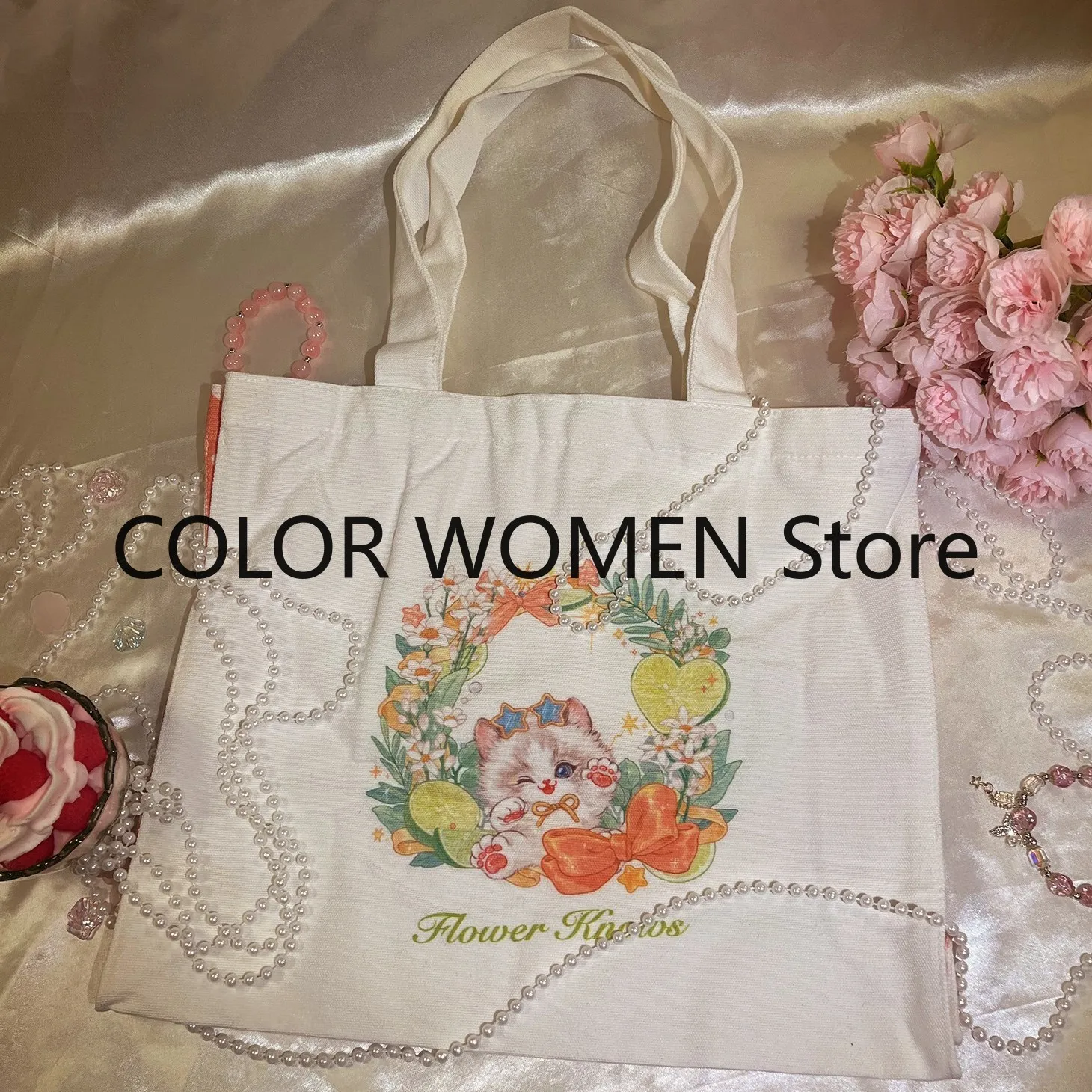 Flower Knows White Childhood Fun Cat Zipper Tote Canvas Bag Makeup Bag