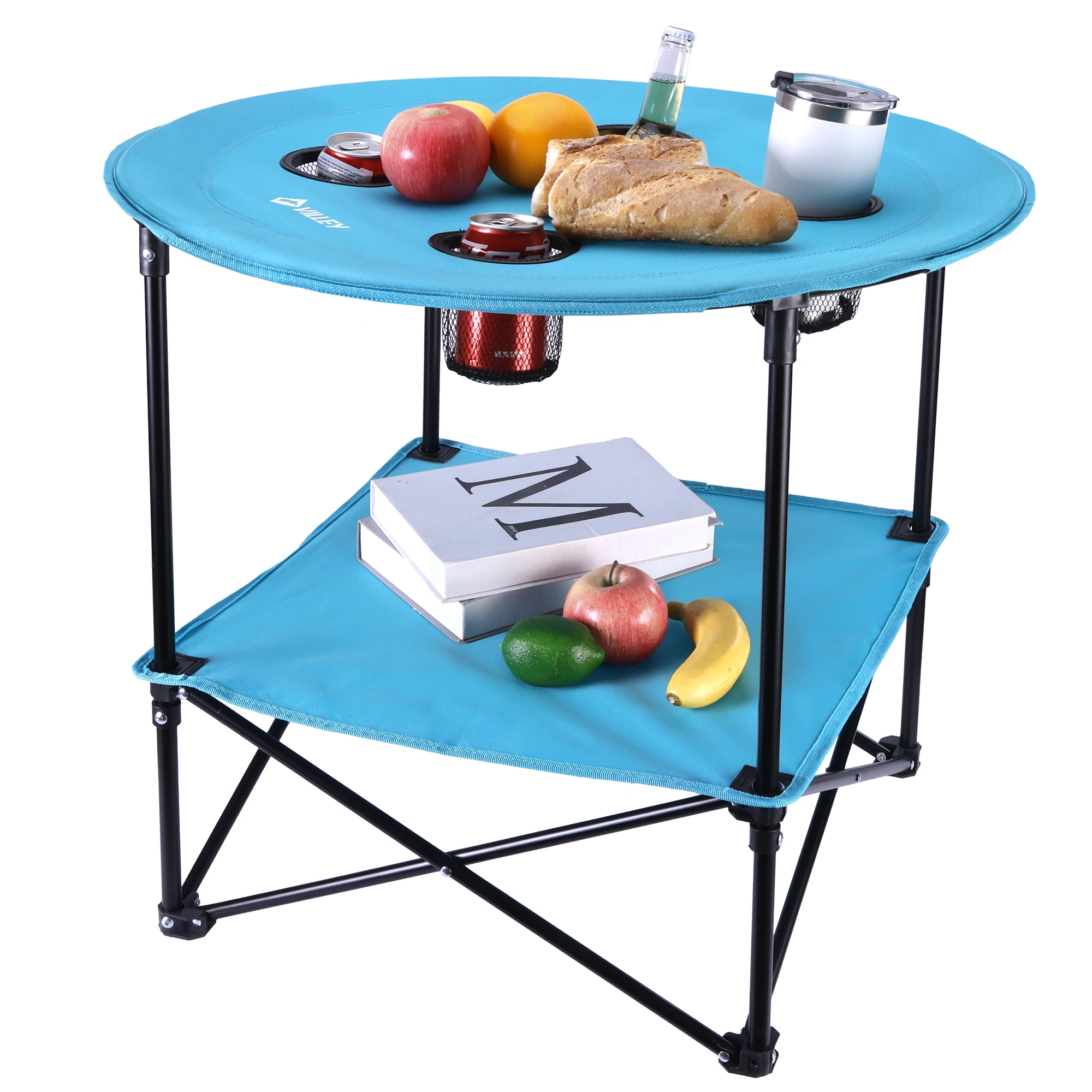 

VILLEY Folding Camping Table, Lightweight Double-Layer Round Table with 4 Cup Holders and Carry Bag, Portable Beach Table