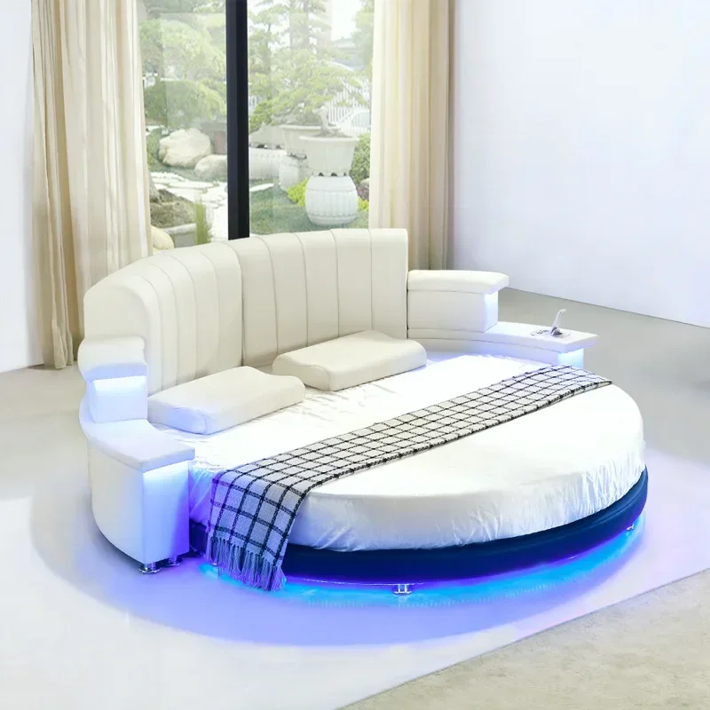 Genuine Leather Multifunctional Round Bed Frame Ultimate Bed With LED Light Bluetooth Speaker Economically