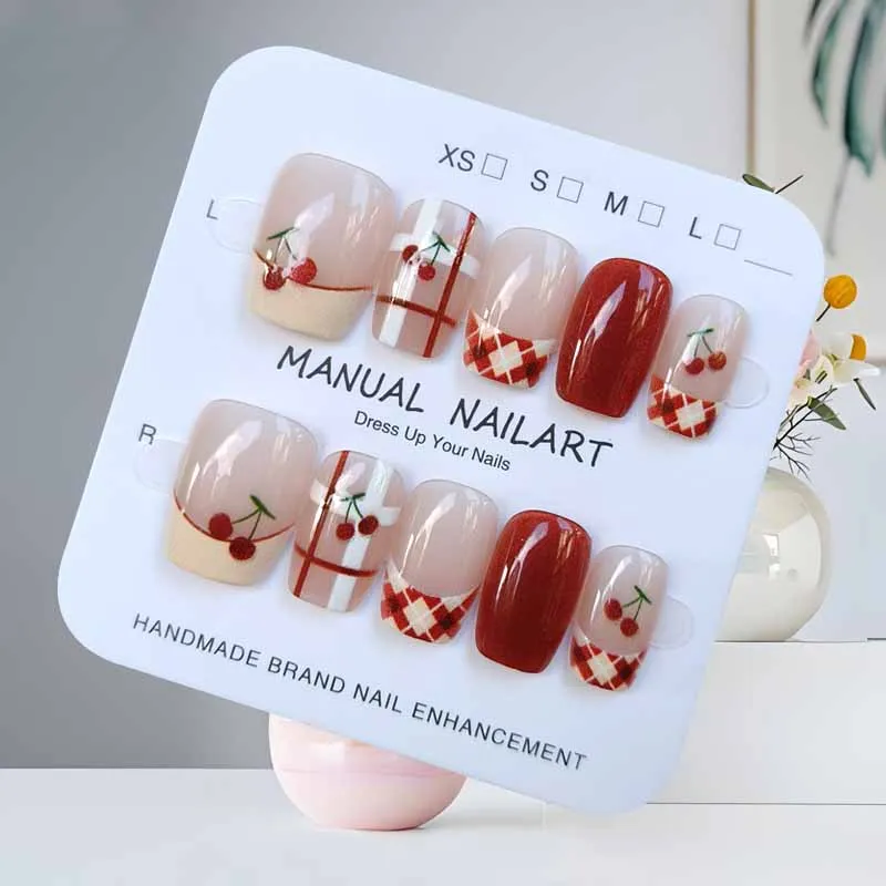 10 pezzi stile francese plaid fiore rosa occhio di gatto stampa sulle unghie griglia di ciliegio toppe per unghie staccabili adesivo per manicure patch per unghie finte