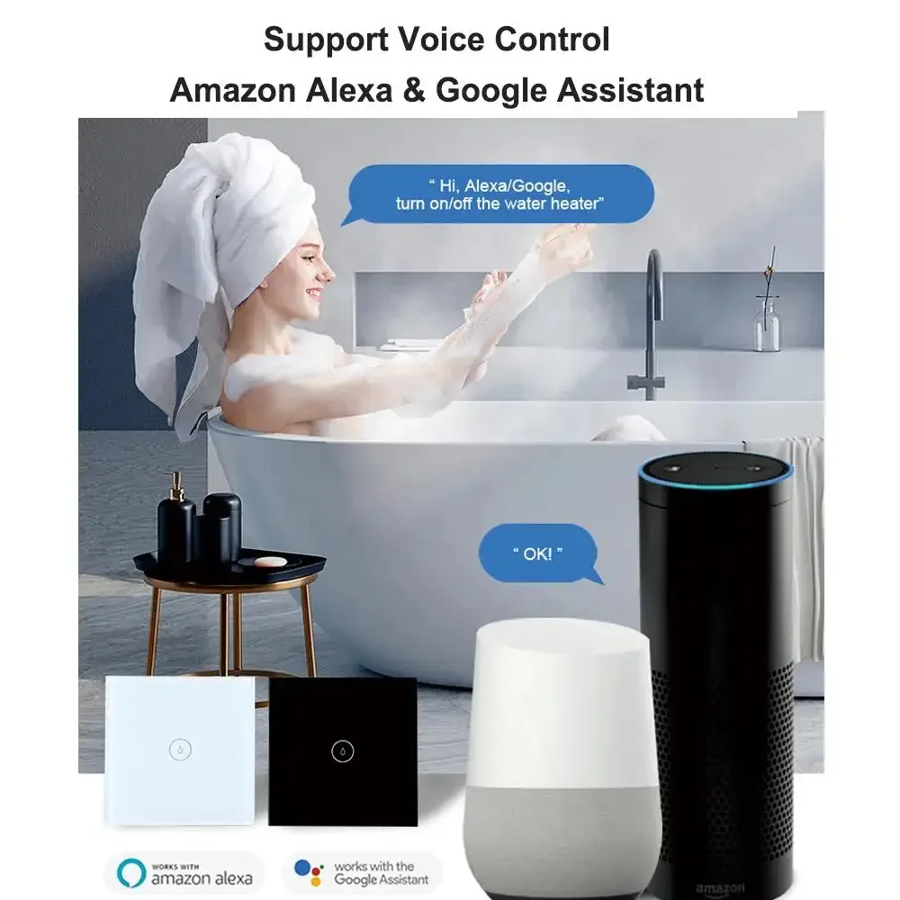 Elektryczny inteligentny przełącznik podgrzewacza wody 20A Wifi Bluetooth Inteligentny przełącznik podgrzewacza wody UE WIFI Zdalny podwójny przełącznik dotykowy dla inteligentnego domu