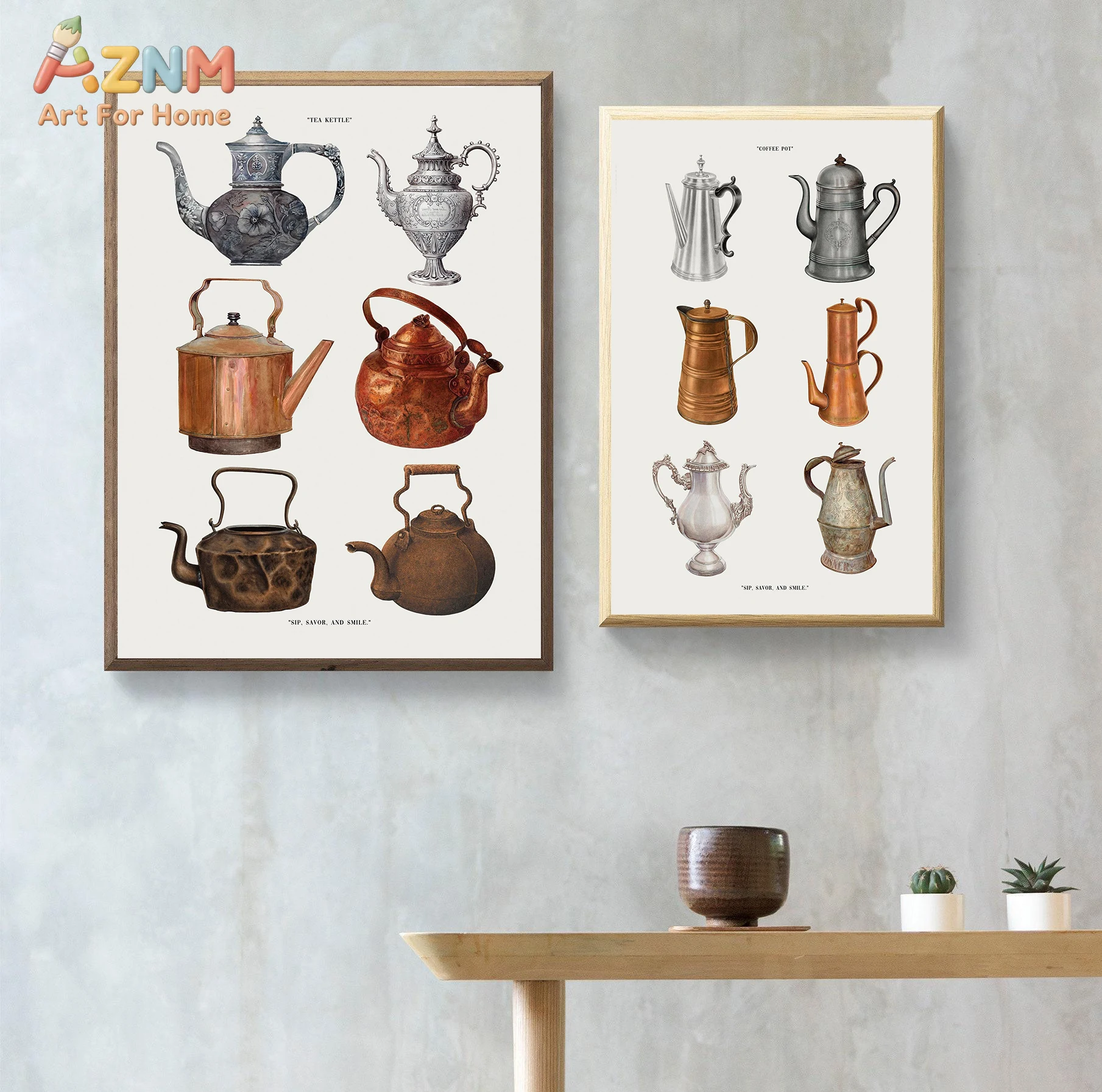 AZNM Vintage Teapot Kettle Canvas Wall Art, Retro Kitchen Utensil Print, Frameless Dining Room Decor Painting