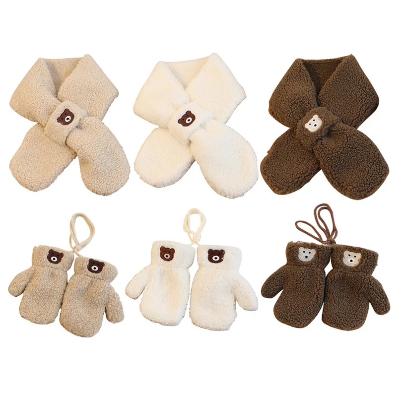 2Pcs Korean Bear Kids Scarf Gloves Set Lamb Wool Autumn Winter Boys Girl Scarves Keep Finger Warmer Solid Color Baby Accessories