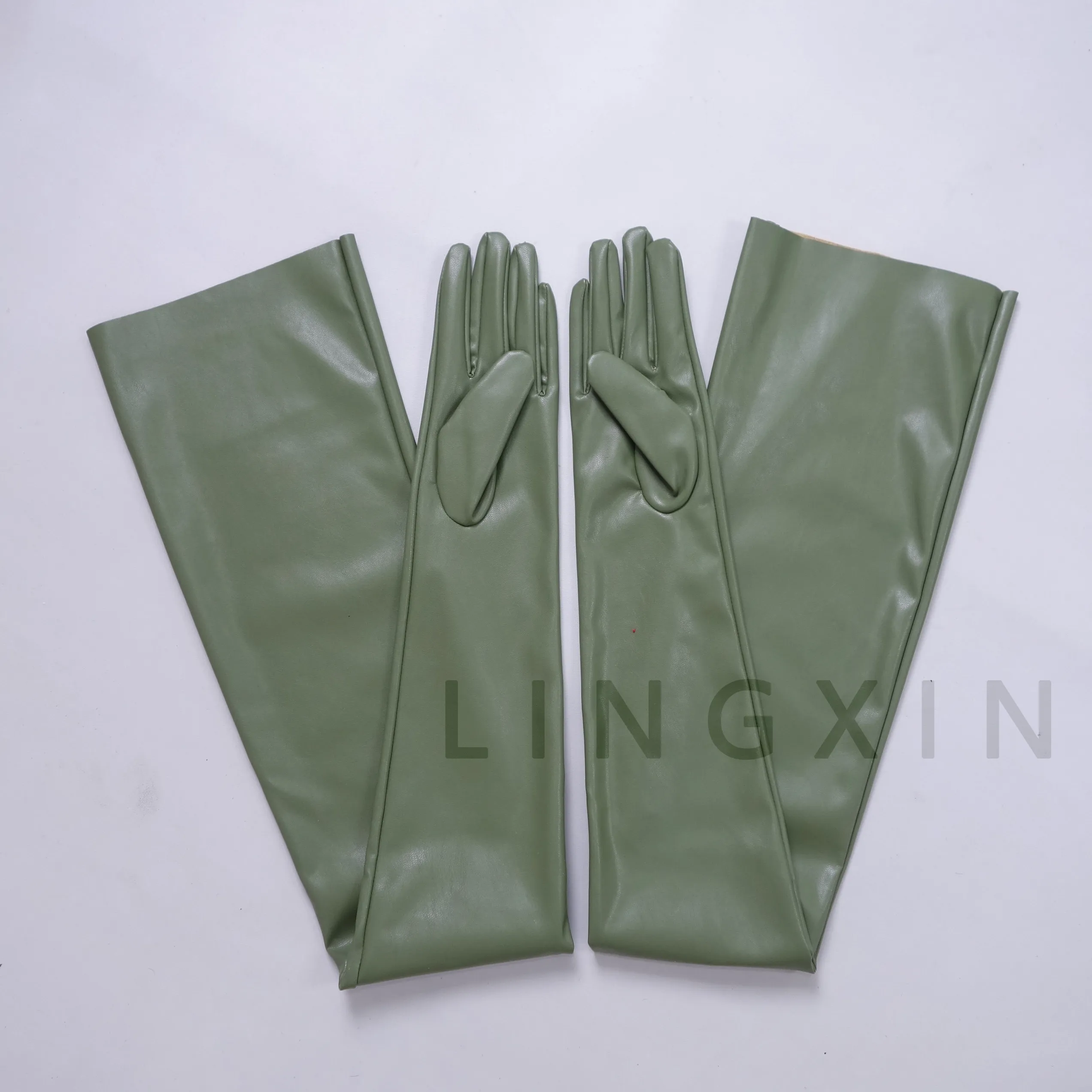 35 Zoll (90 cm) EXTRA LANGE HANDSCHUHE aus Kunstleder PU, schwarz, locker sitzend, Unisex, mit weitem Ärmel, im Neon-Fluoreszenz-Stil, in Fluoreszierendem Limettengrün – Detail 13