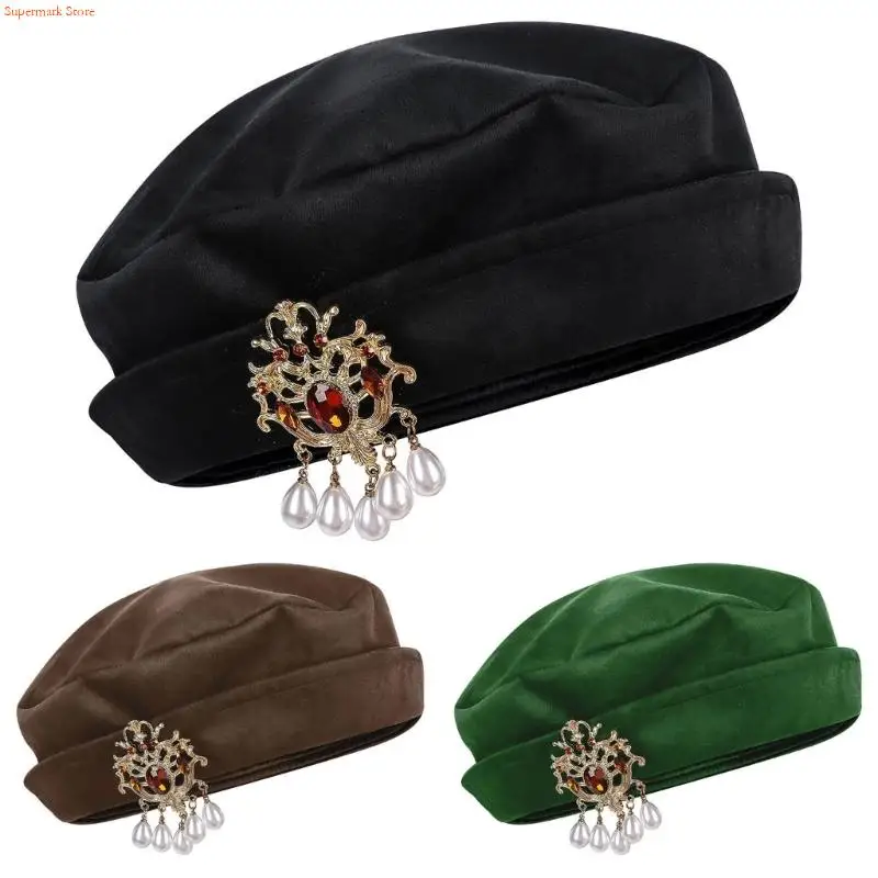 Medieval Tudors Hat for Adults, Soft Polyester Costume Headwear with Decorative Brooch For Stage Show, Cosplay