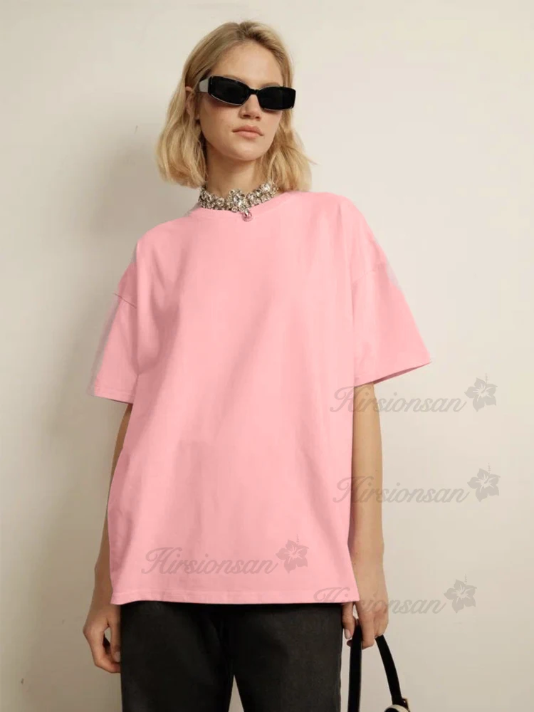 Hirsionsan 100% Cotton T Shirt Women 2023 Summer New Oversized Solid Tees Casual Basic Loose Tshirt Chic O Neck Female Tops