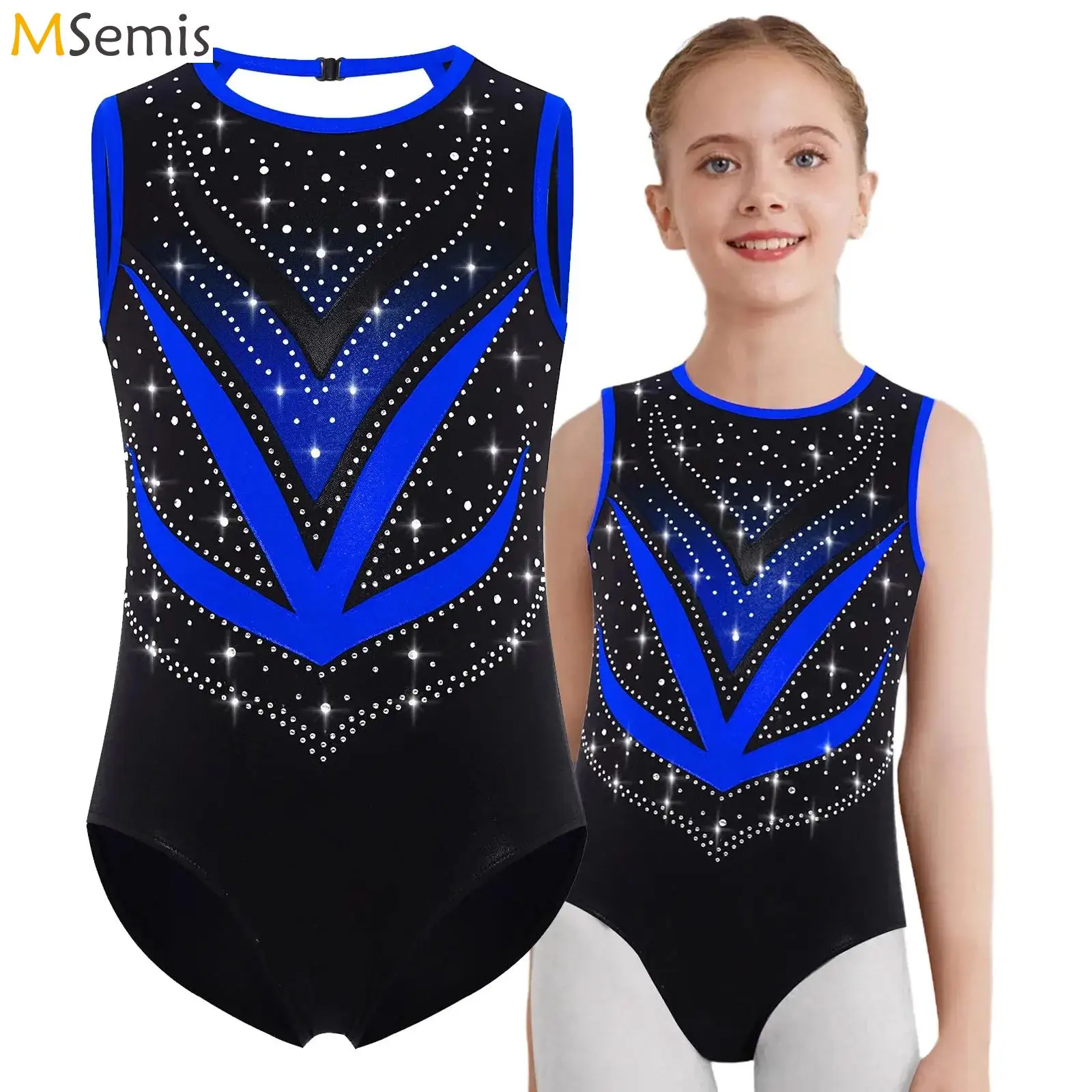 

Kids Girls Metallic Rhythmic Gymnastics Leotard Shiny Rhinestones Acrobatics Bodysuit Dancewear Ballet Dance Performance Costume
