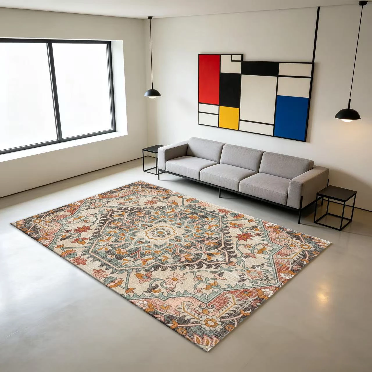 Distressed Bohemian Medallion Area Rug Vintage Oriental Floral Print Carpet Home Floor Rug for Living Room Bedroom