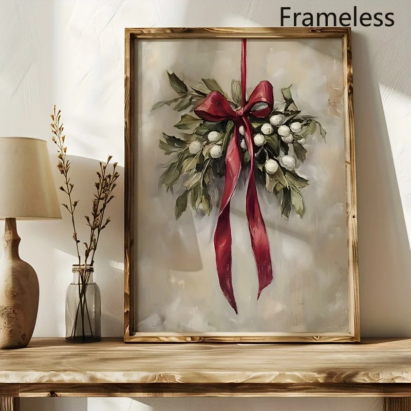 2D Flat, 1pc Vertical Mistletoe Wall Art - Modern Farmhouse Print with Red Bow Suitable for Rustic Christmas Decor, Vertical
