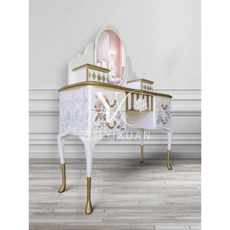 Solid Wood Hand Painted Dressing Table Modern Bedroom Pastoral Style Furniture Customizable Vanity Desk with Mirror Storage