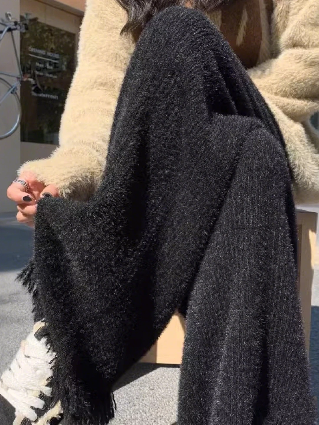 

Женские трикотажные брюки с высокой талией и широкими штанинами, осенне-зимние, новые, повседневные, прямые, с бахромой, визуально стройнящие