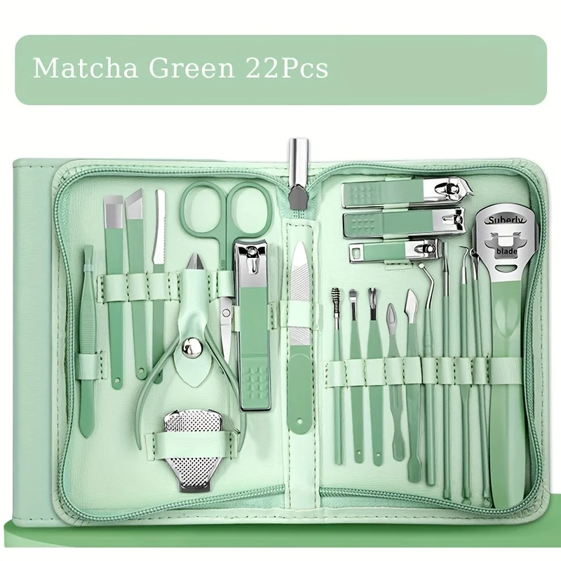 7/10/12/16/22pcs Professional Stainless Steel Nail Clipper Set Green Nail Tools Manicure Pedicure Set of Travel Grooming Kit