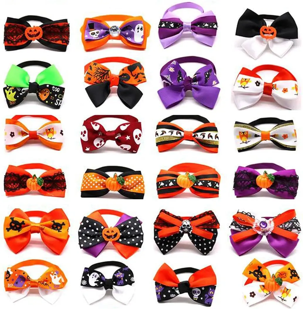 50pcs Halloween Dog Bow Ties Puppy Dog Neckties Cat Collar Adjustable Dog Bowties Pet Ties Pumpkin Pet Grooming Accessories