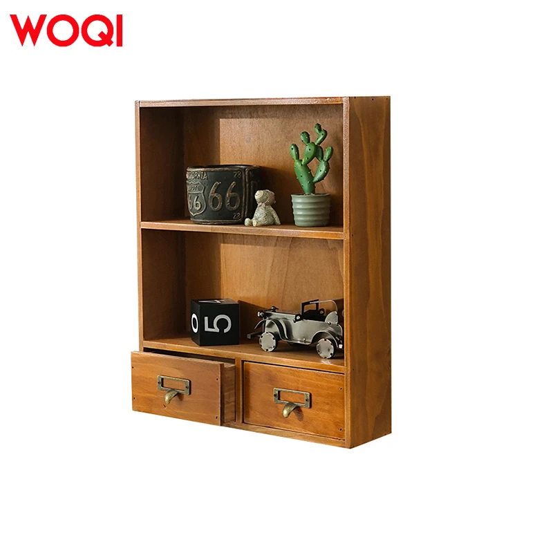Wall-Mounted Tabletop Solid Wood Display Shelves with 2 Drawers Vintage Style for All Scenarios for Magnetic Card Storage