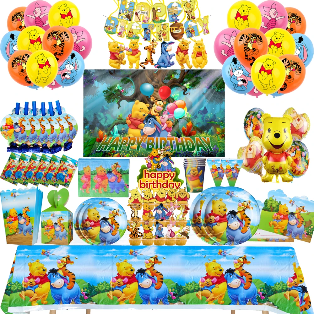 Winnie Bär und Freunde Geburtstagsdekorationen Pappteller Becher Servietten Tischdecke Ballon für Kinder Babyparty Dekorationszubehör