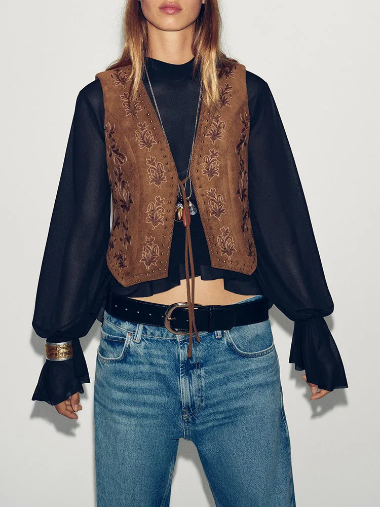 

Faionable Beaded Embroidery Velvet Texture Vest 2025 Autumn New Arrival Women's Clothing Ethnic Stage Costume