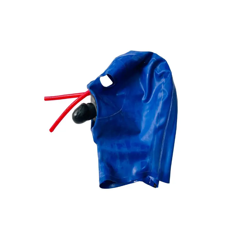 

Handmade Dark Blue Latex Gummi Mask Rubber Hood with Inner Sheath 15cm Long Nose Tube Ope Eyes