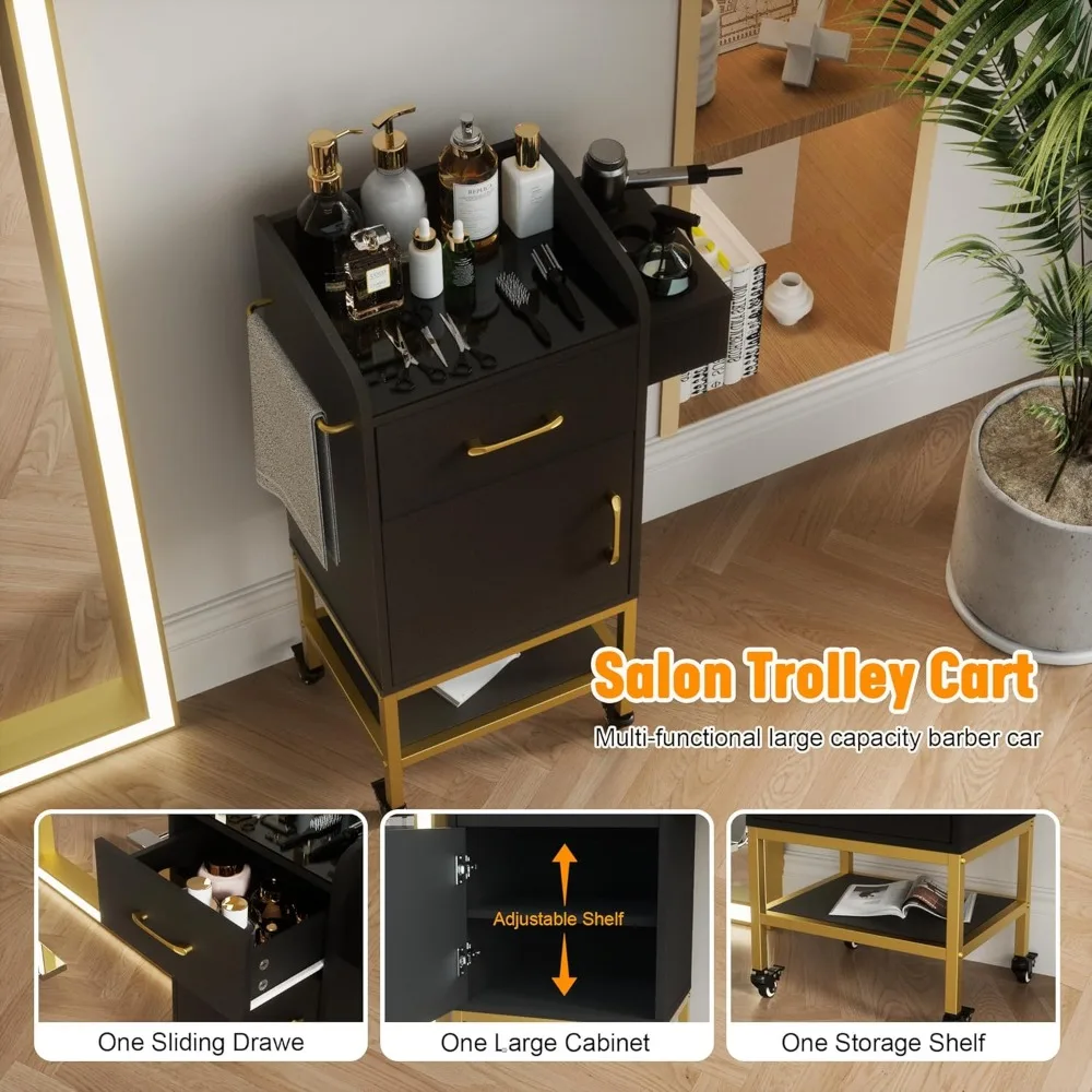 محطة مصفف شعر دوارة سوداء مع سطح زجاجي وخزانة تخزين قابلة للقفل لصالونات التجميل #4