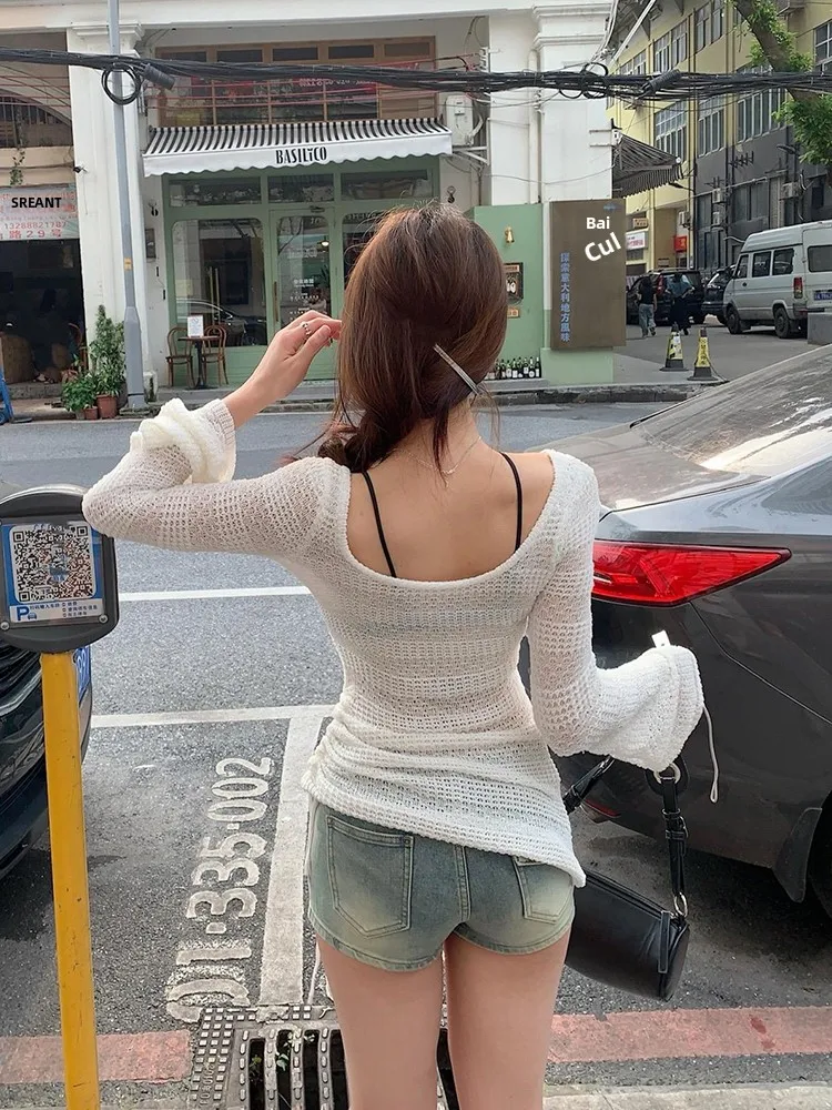 

White Hollow out oulder Long Sve Knitted Top Women's Summer Thin Outer Sun Protection irt Slightly Transparent Air Con...