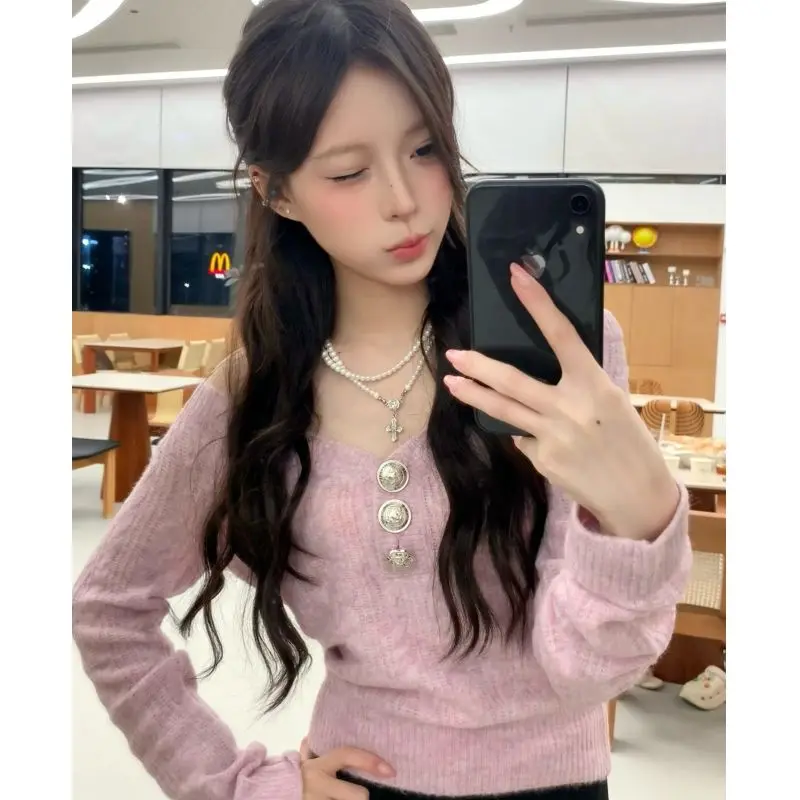 

Women Autumn Winter Sexy Off Shoulder V-neck Solid Color Sweater Women Fashion Office Lady All-match Long Sleeve Knitwear Tops