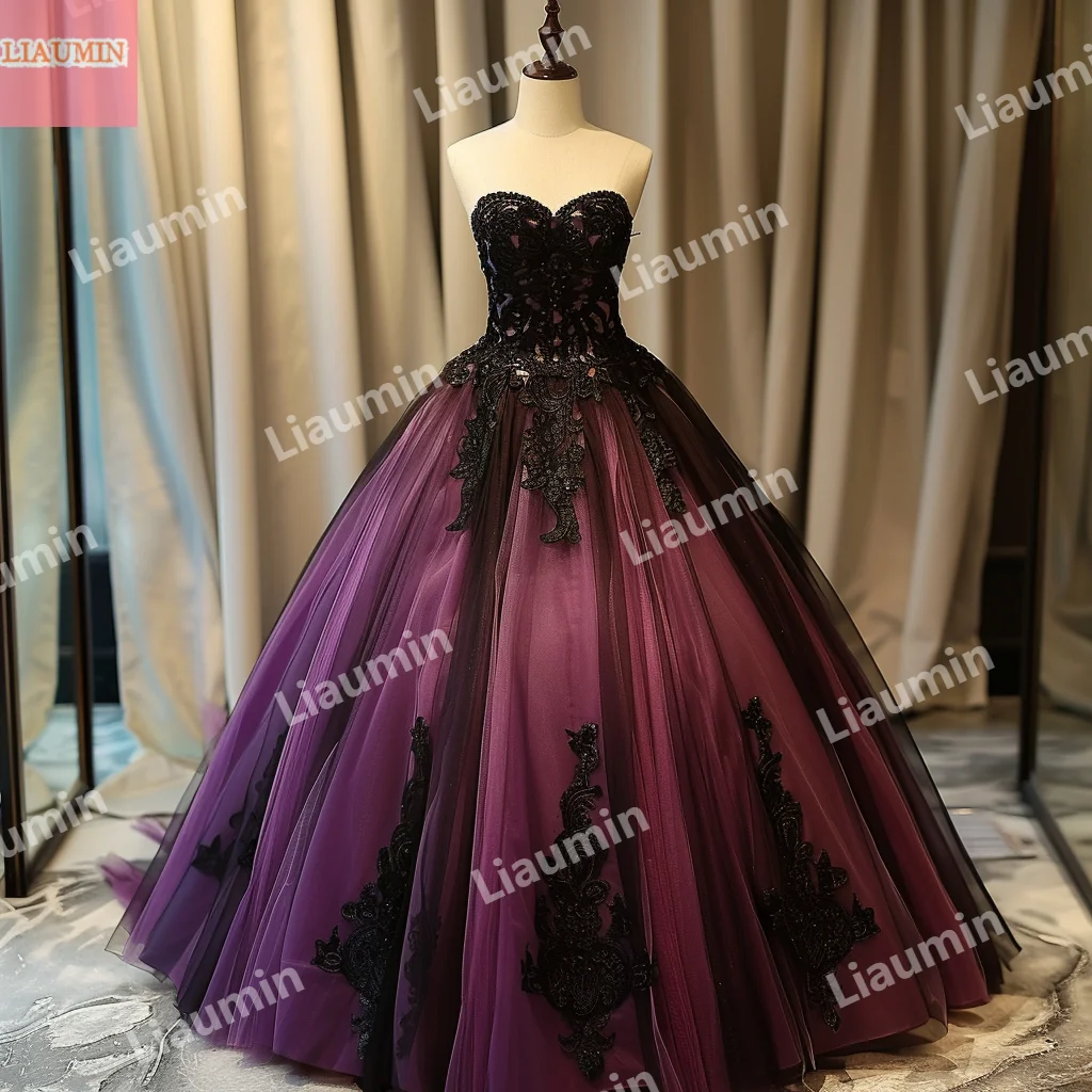 

Hand Made Custom Purple Tulle With Black Lace Applique Strapless Evening Prom Dresses Bridal Gowns Full Length Formal W15-44.1