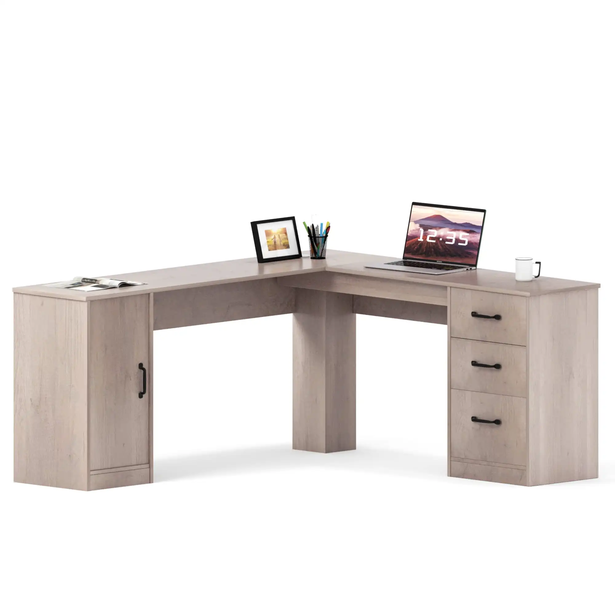

L Shaped Desk Corner Office Desk Computer Desk with Storage Cabinet & Drawers, Gray