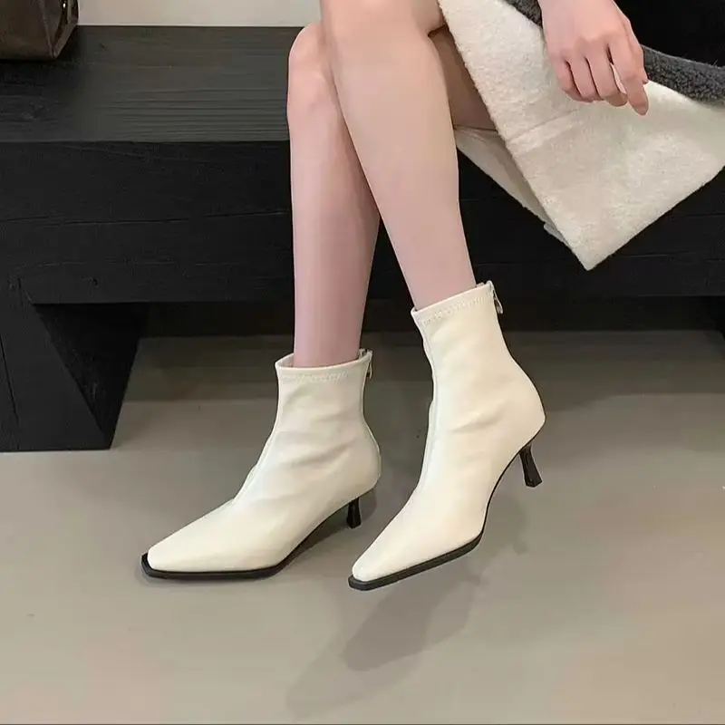 Black Stiletto Heels For Ladies Ankle Boots Low Heel Fall Shoes Woman Pionted Toe Back Zipper White Boots Winter Office Shoes