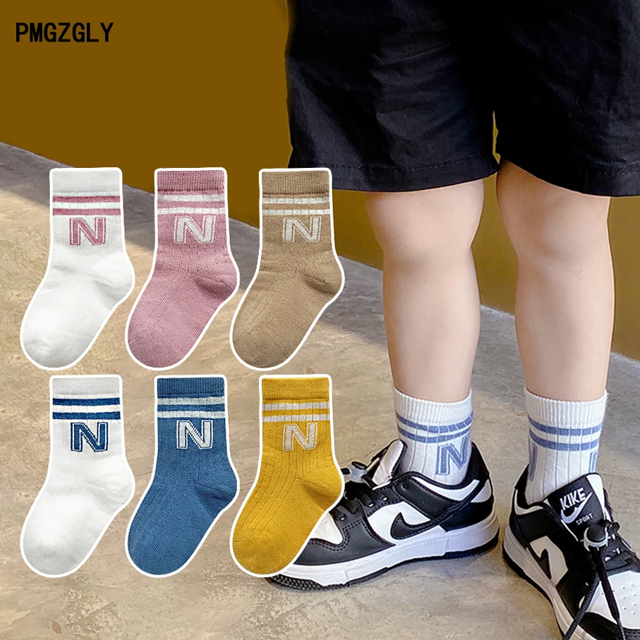 

3 Pairs Kids Boys Girls Socks Baby Socks Cotton Breathable Striped Letter Pattern Toddler