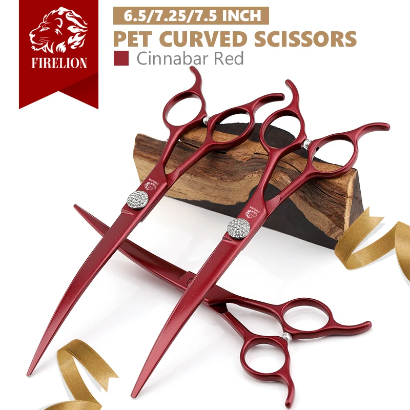 

FIRELION Pet Curved Scissors for Cutting Dog Hair 6.5/7.25/7.5 Inch 440C Red Professional Dog Grooming Scissors for animals
