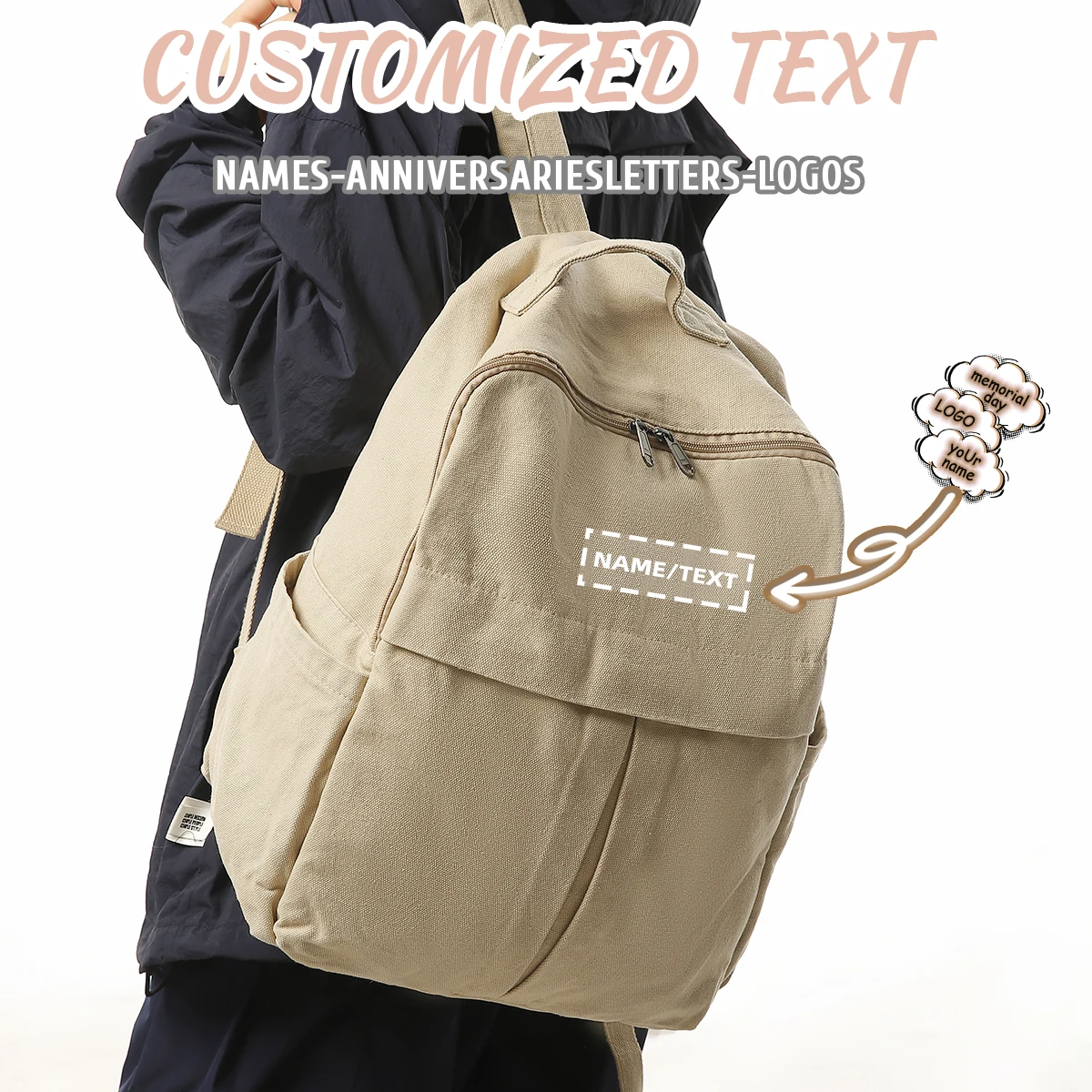

Logo Customization Japanese-Style Simple Versatile Lightweight Canvas Backpack for Women, High School and College Students, Travel, Hiking, Laptop Backpack, Personalized DIY