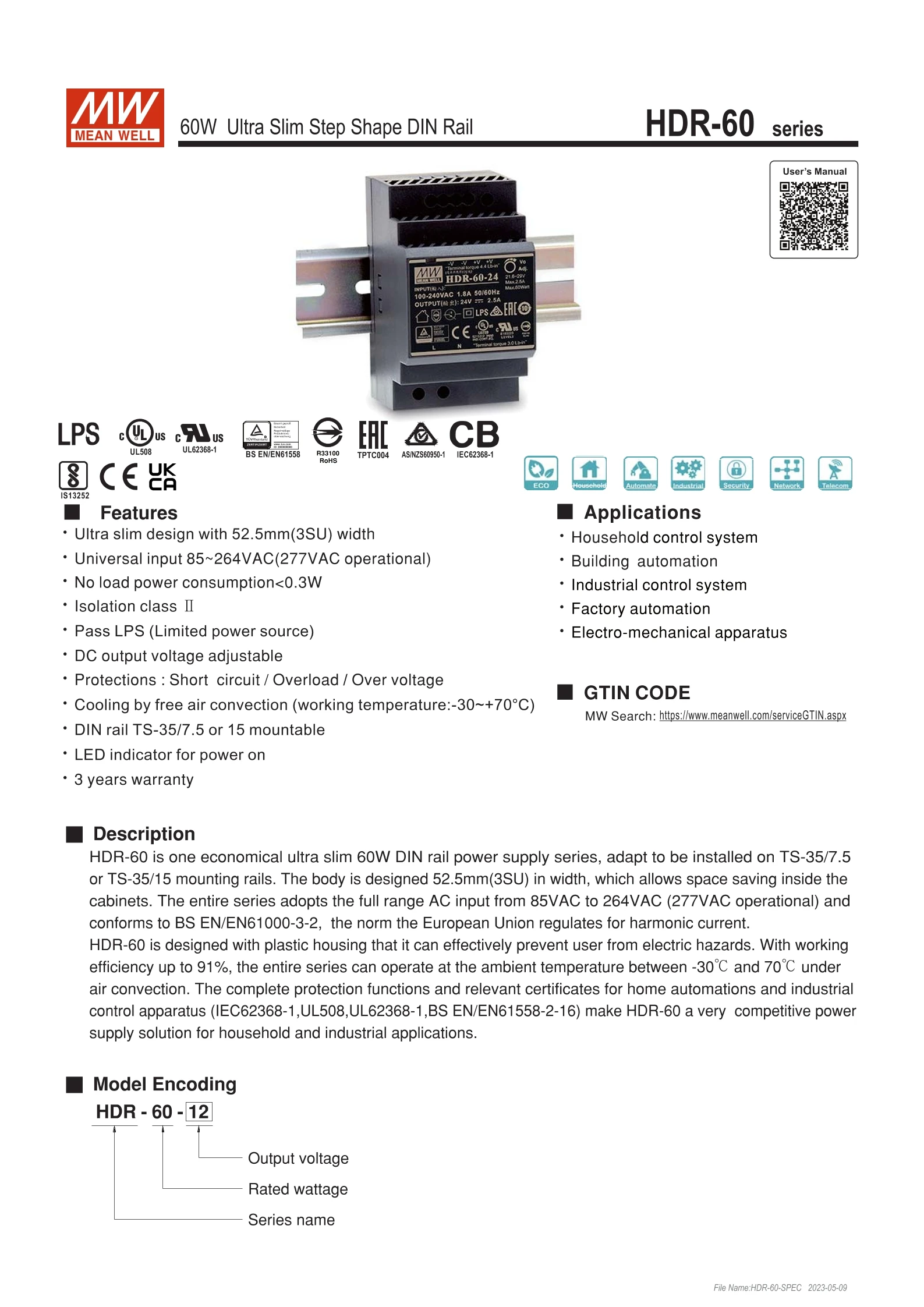 Original Mean Well HDR-60-24 DC 24V 2.5A 60W meanwell Ultra Slim Step Shape DIN Rail Power Supply