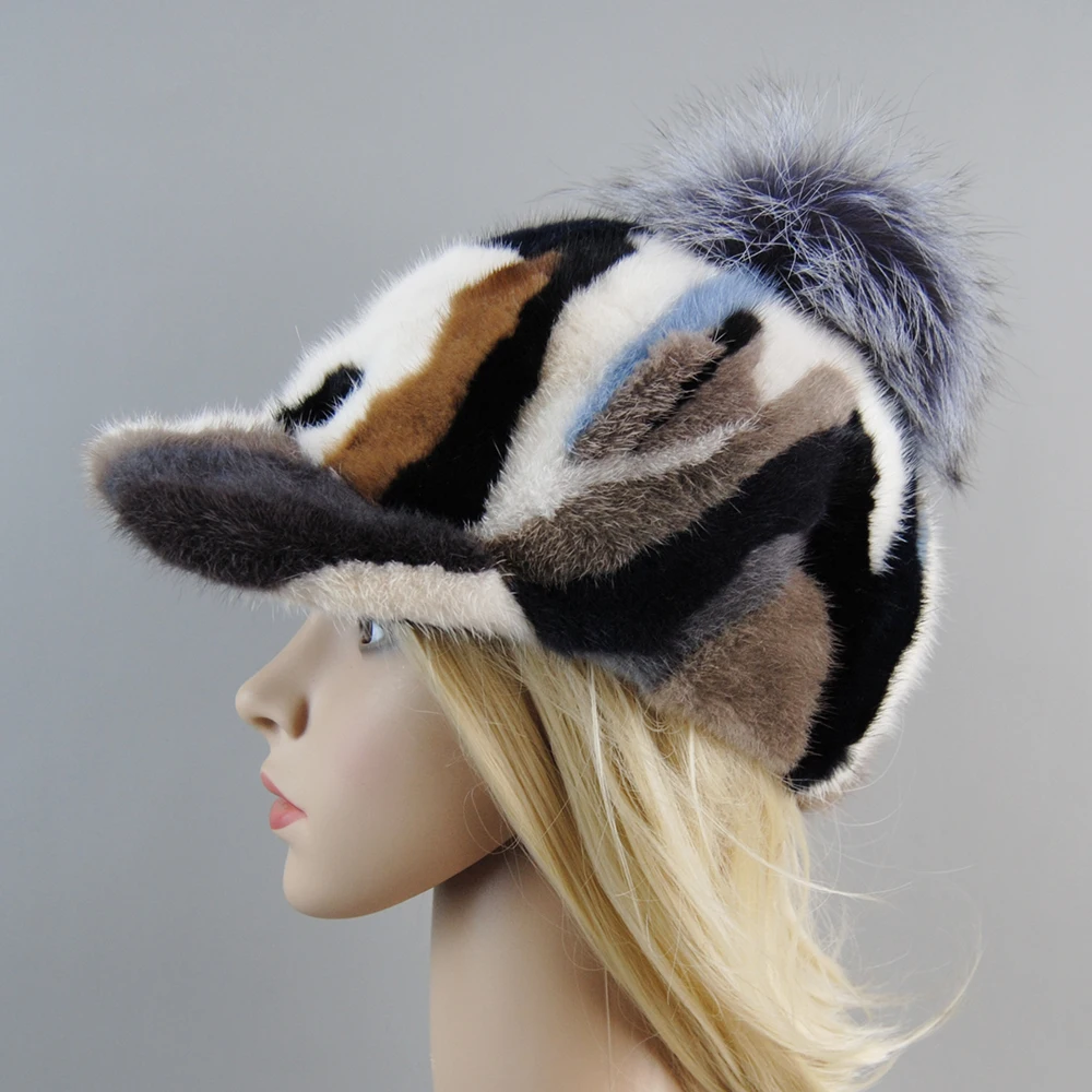 2024 New Arrival Women Mink Fur Caps Fox Fur Pompoms Hats Girls Mink Fur Hat Fashion Winter Solid Knit Real Fur Baseball Hats