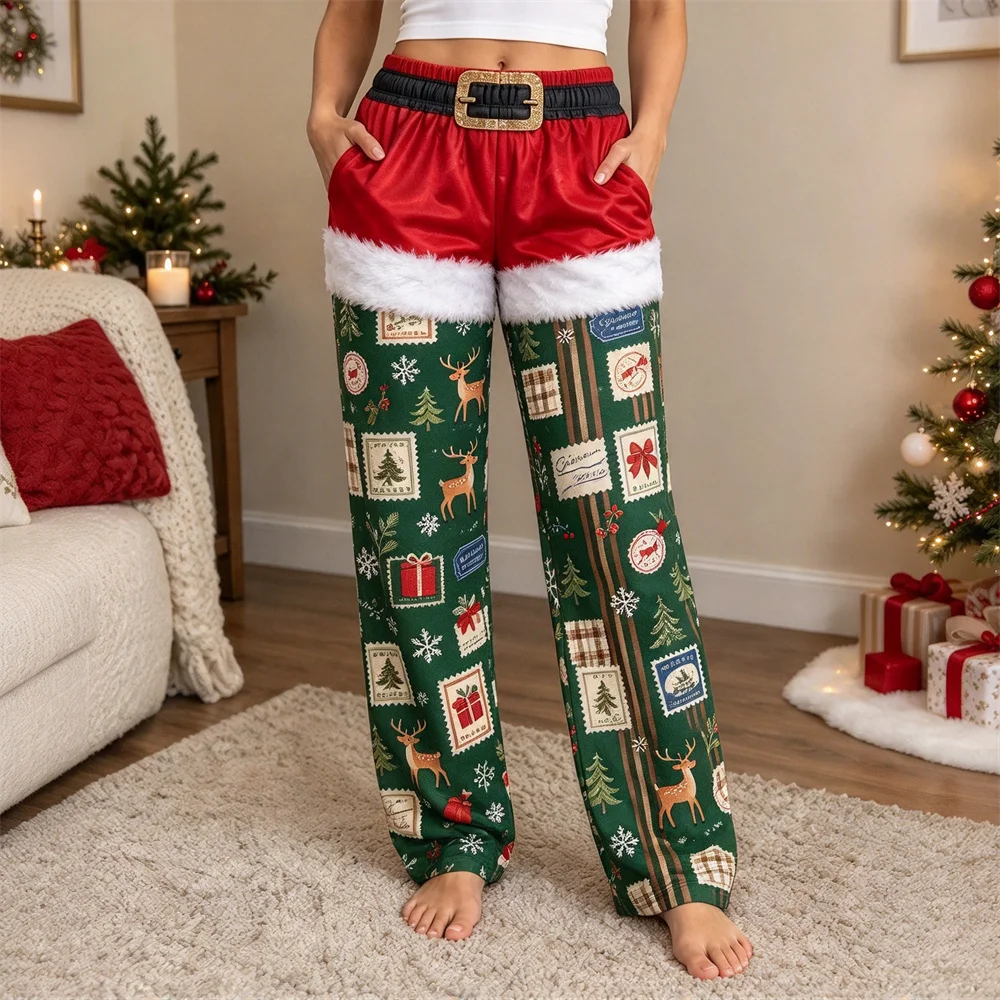 Christmas Women Pajama Bottoms Fake Layer Design 3D Xmas Pattern Print Elastic Waist Long Trousers Soft Casual Home Lounge Wear