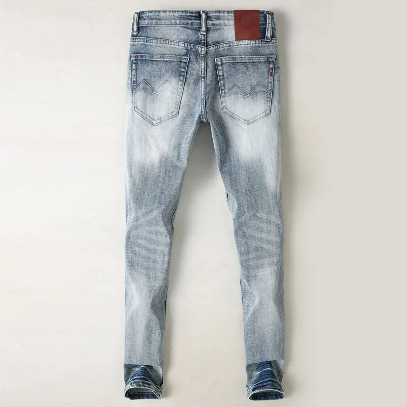 Italian Style Fashion Men Jeans Retro Light Gray Blue Elastic Stretch Ripped Jeans Men Slim Fit Vintage Designer Denim Pants