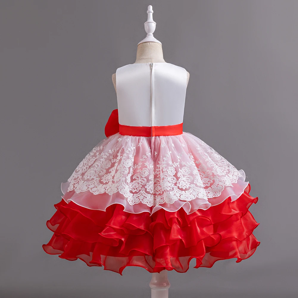 939 Cute red bow girl multi-layer cake princess Dress suitable for casual wear on Children\'s Day outings