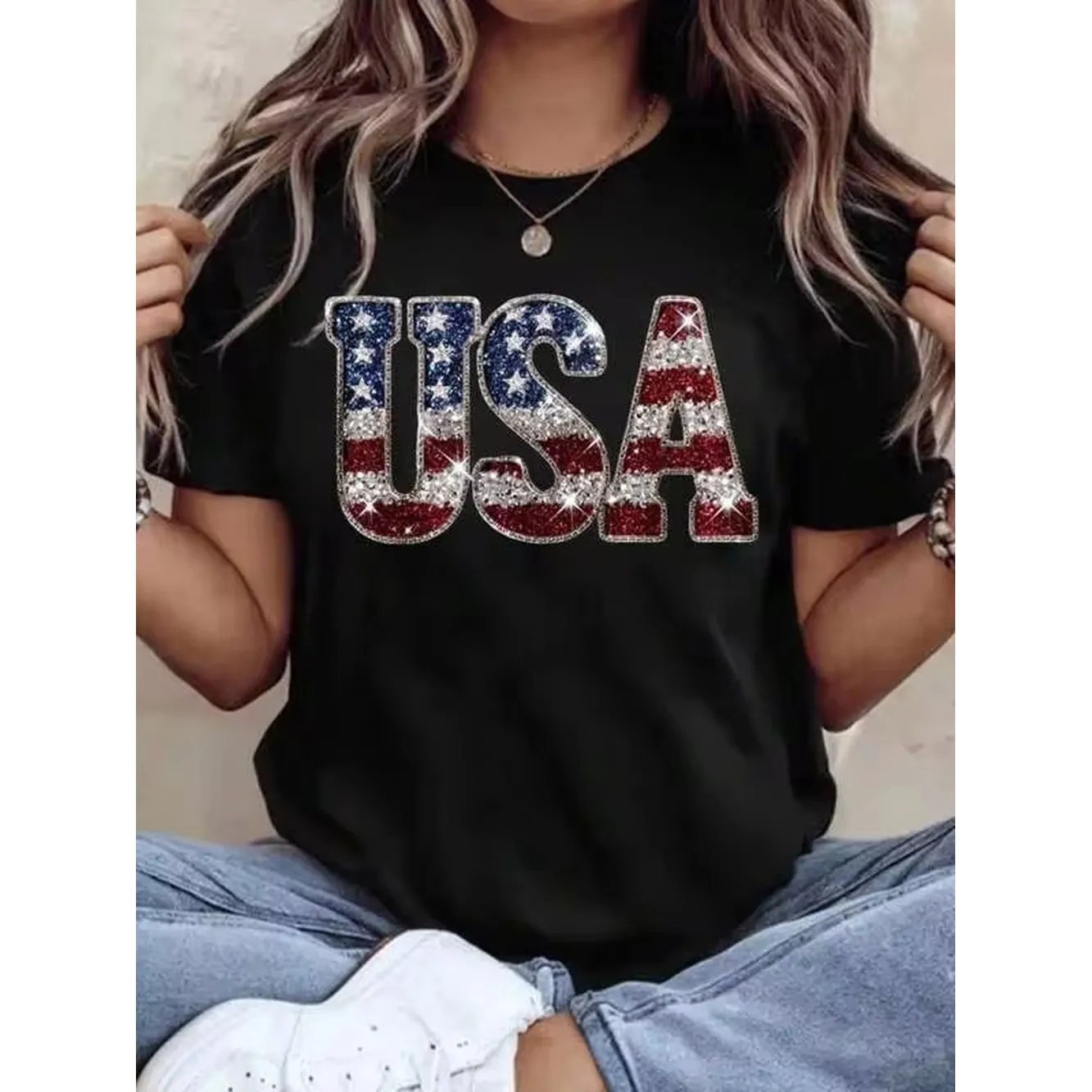 Patriotic Usa Flag Sequin T Shirt Women Black American Independence Day Celebration Casual Top 4th Of July Party Wear Sparkle Graphic Tee,220g