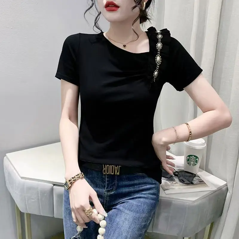 Elegant V-Neck Short Sleeve Beading Blouse 2025 Summer New Korean Pullovers Tops Solid Color Office Lady Shirt