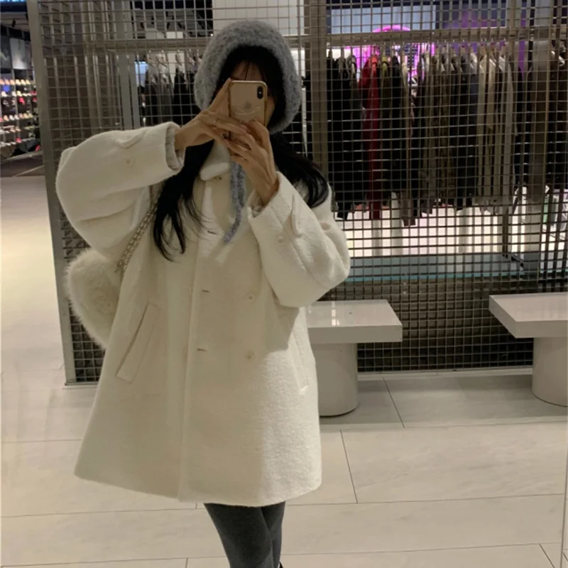 Sweet Style Vintage Double Breasted Woolen Coat Women's Small Size Flip Collar Jacket Thickened Long Sleeve Mid-Length Coat