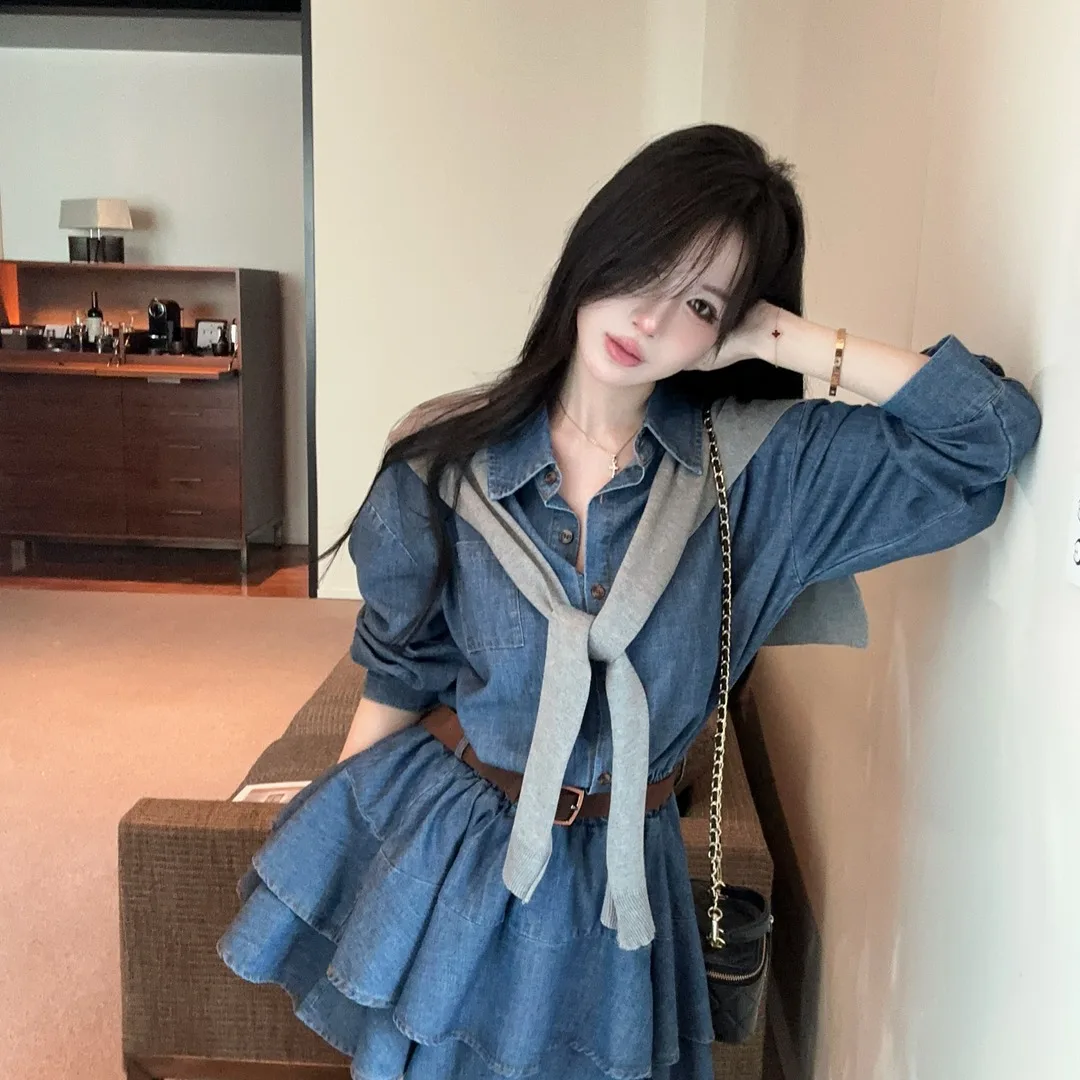 Retro Denim Shirt Dress Women's Knitted Shawl Set Waist Cinching Slimming Versatile Shirt Dress Korean Style Autumn Collection