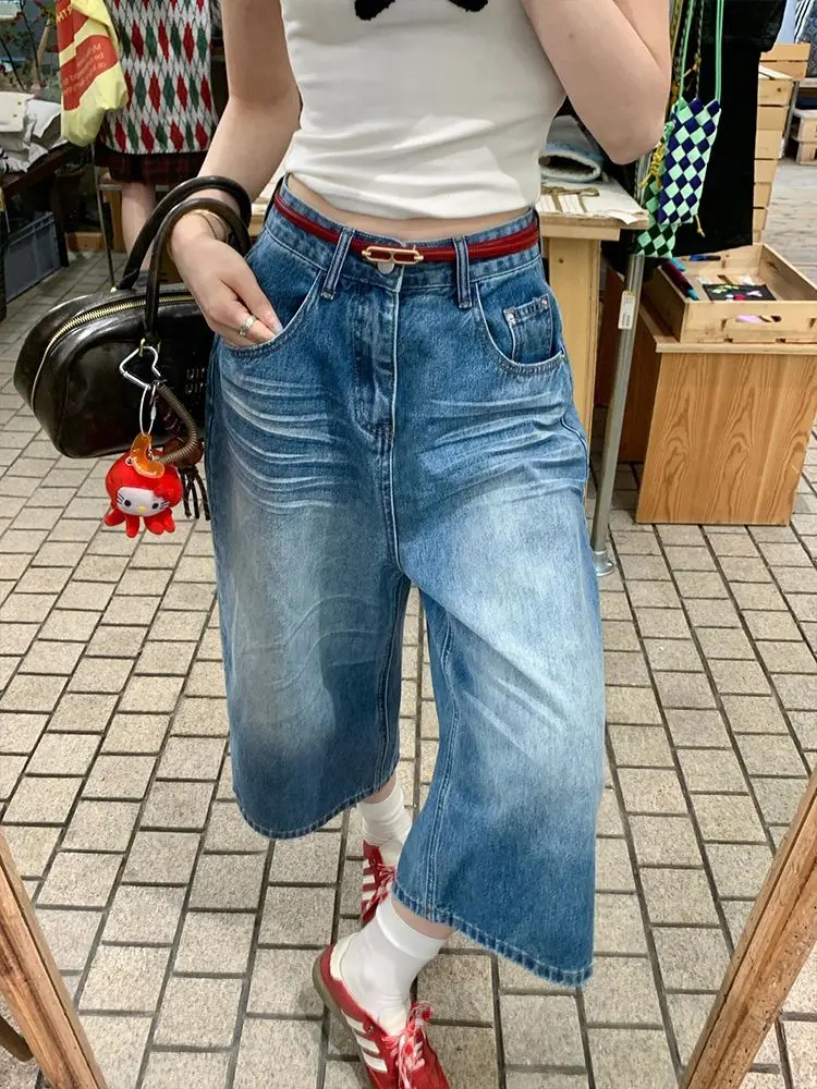 

2026 Spring Women American Vintage Jeans Y2K Streetwear Relaxed Loose Lazy Style Washed Denim Jeans Casual Versatile Capri Pants