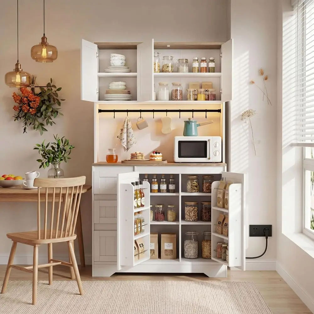 70.8 White Tall Pantry Cabinet with LED Light, Charging Station, Spacious Countertop, Adjustable Shelves & Door Racks for Kitche