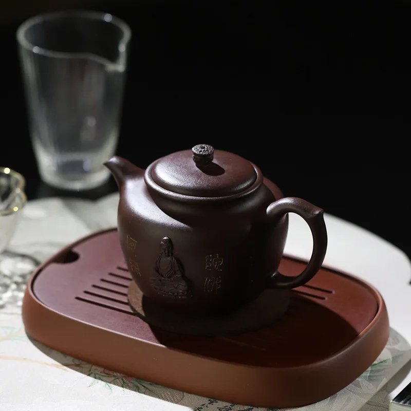 High-End Handmade Teapot Tea Set Made From Original Yixing Old Purple Clay With Engraved And Gold-Painted Zen Buddha Design