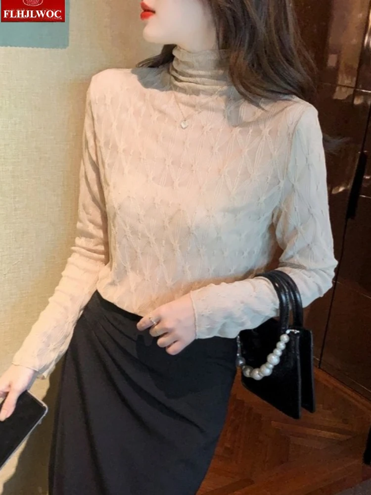 الشتاء الدافئة أساسيات قميص الياقة المدورة قمم البلوزات جديد أزياء المرأة الفرنسية تصميم شيك كوريا نمط كم طويل المخملية داخل أعلى