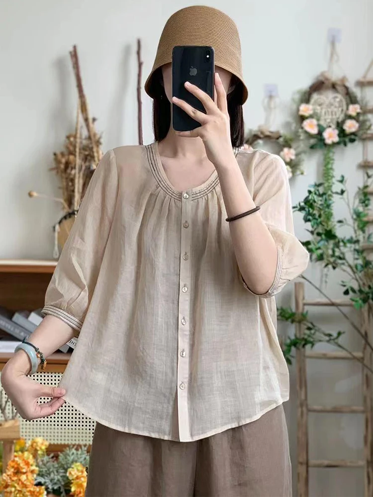 

Loose Silk Women's irt round Ne Doll Top Faionable Summer New Sle Age-Defng Korean Version Button Detail