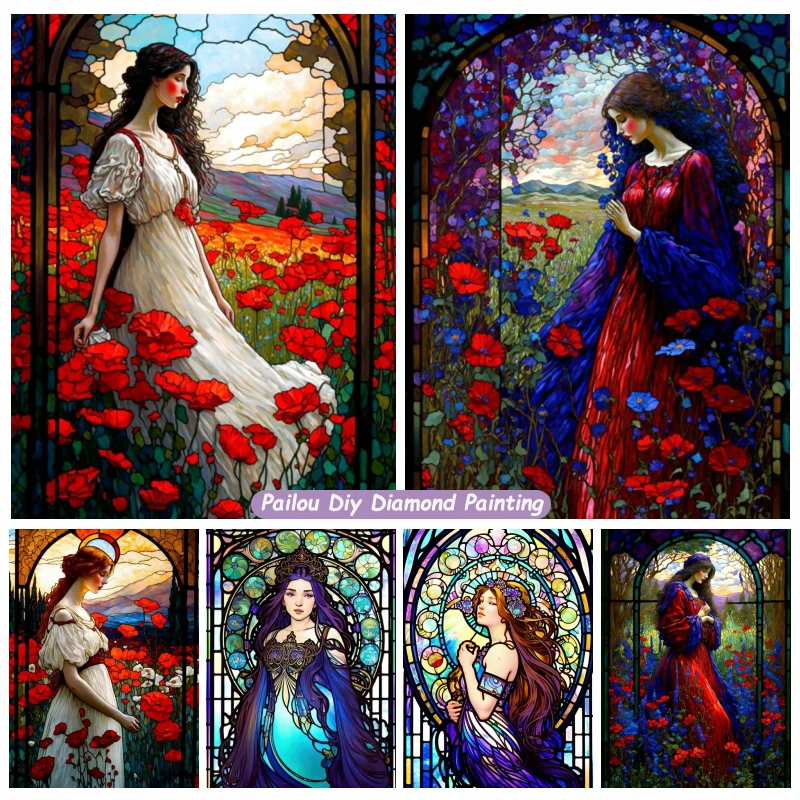 

Fantastic Stained Glass Pretty Girl In Rose Flower Filed Landscape 5d Diamond Painting Art Beauty Woman Cross Stitch Home Decor